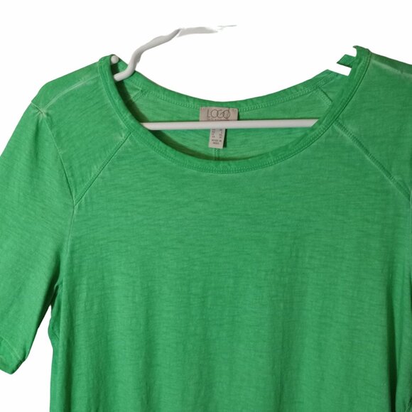 Lori Goldstein LOGO Womens Green Short Sleeve Top L Pockets Distressed Elbow - Picture 5 of 15